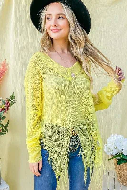 Distressed Mesh V Neck Spring Sweater Cover Up