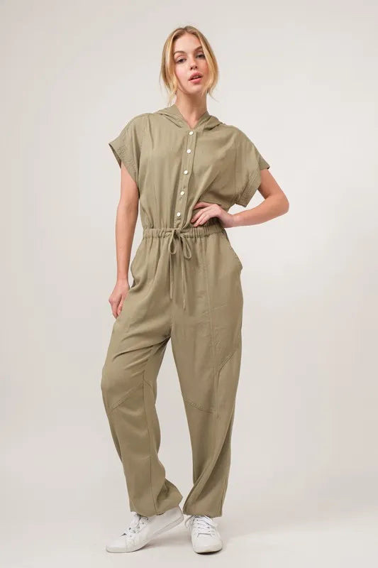 Washed Short Sleeve Hooded Jumpsuit