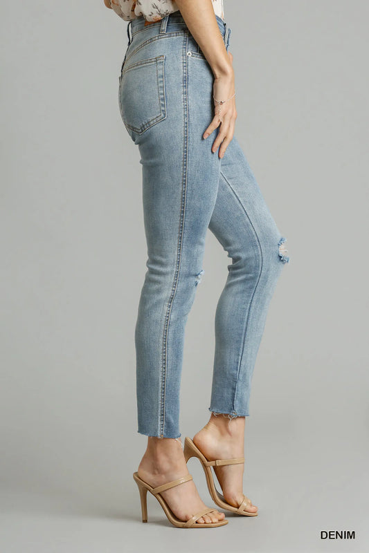 5-Pocket Stretch Denim Skinny Jeans with Raw Edge Detailing