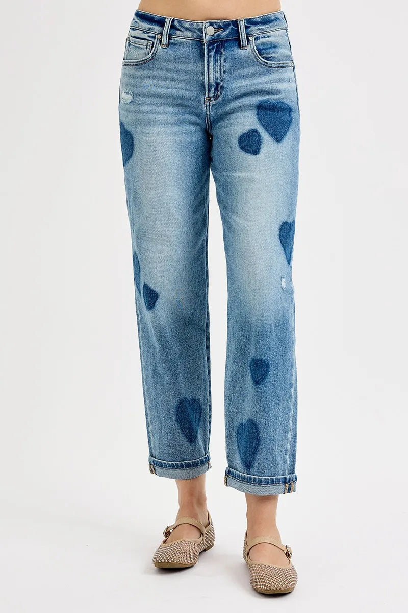 Full Size Heart Print Relaxed Fit Boyfriend Jeans