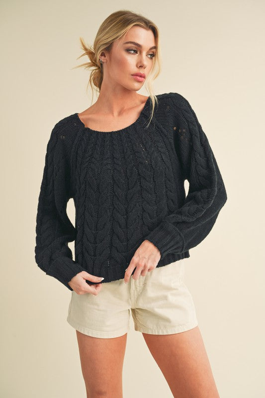 Cable-Knit Openwork Round Neck Sweater