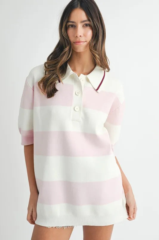 Oversized Stripe Polo Collar Sweater