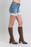 High-Waist Plus Size Denim Shorts with Sherpa Trim