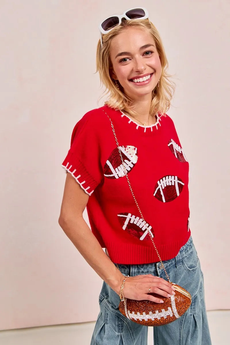 Game Day Sparkle Football Embroidered Stitch Sweater