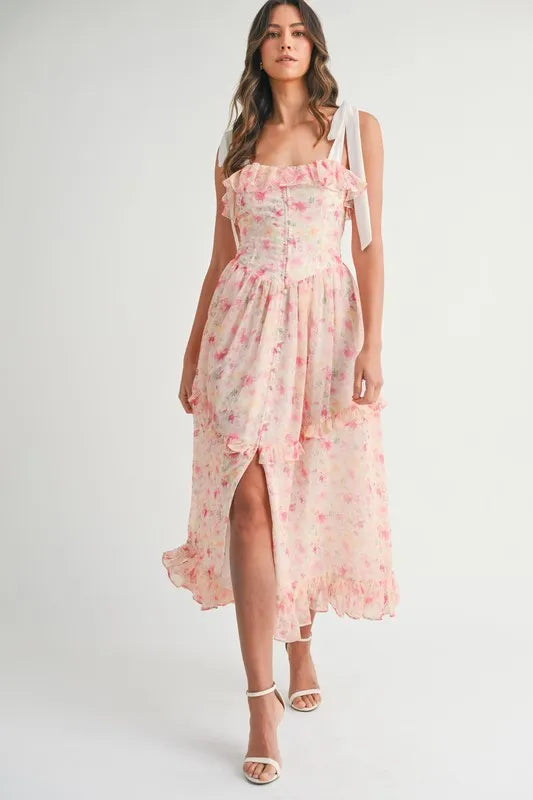Floral Printed Shoulder Strap Midi Dress