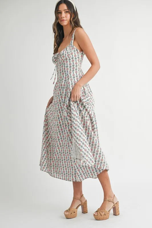 Floral Print Bustier Back Lace Up Midi Dress