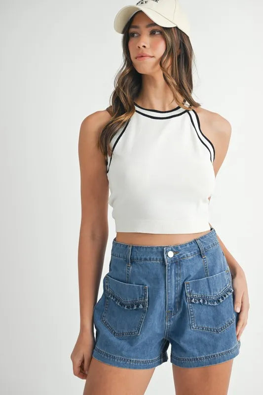 Contrast Trim Grecian Neck Cropped Tank