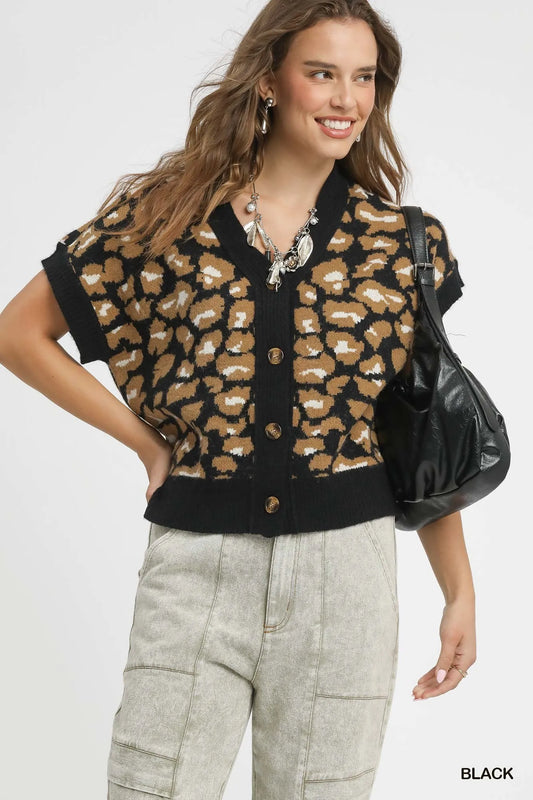 Leopard Print Button-Up Short Sleeve Cardigan
