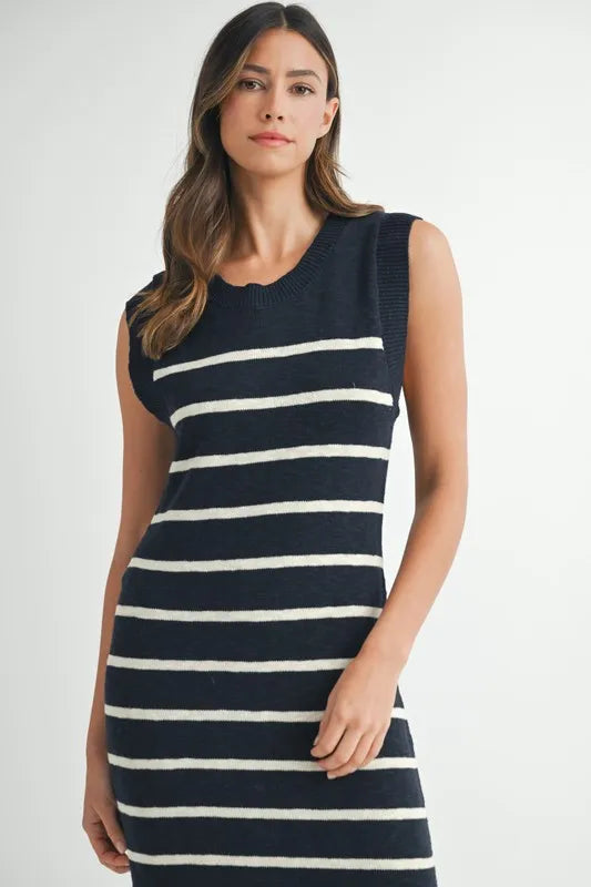 Sleeveless Stripe Sweater Maxi Side Slit Dress