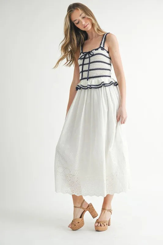 Crochet Stripe Knit Eyelet Mix Midi Dress