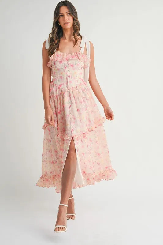 Floral Printed Shoulder Strap Midi Dress