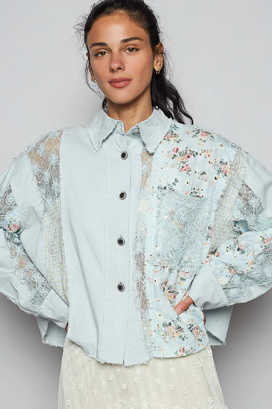 Long-Sleeve Blouse with Elegant Floral Lace Accents
