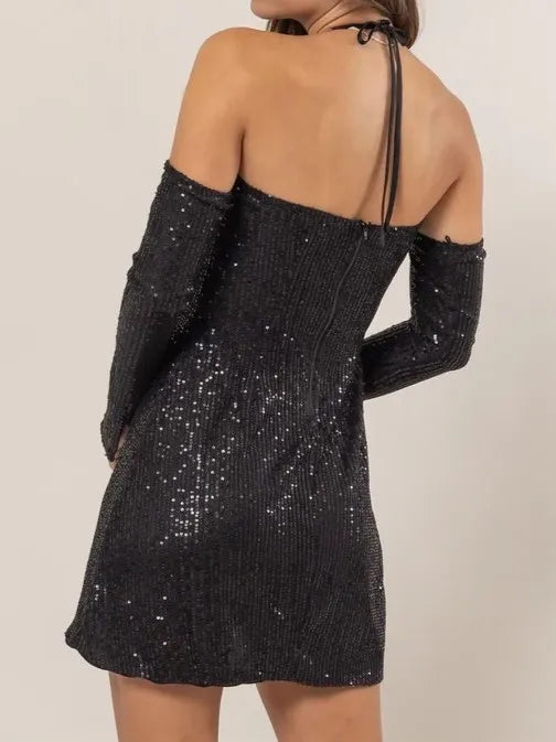 Sequin Rosette Halter Mini Dress