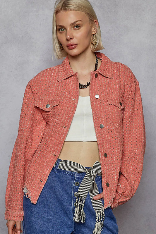 Textured Crop Button-Up Jacket with Flap Pockets