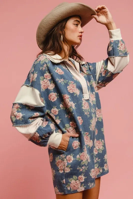 Washed Floral Denim Romper With Contrast Collar
