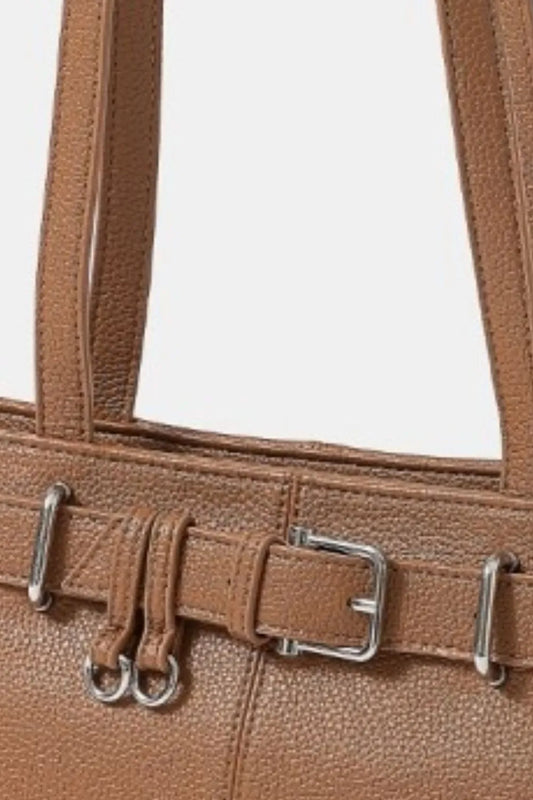 Buckle Detail Genuine Leather Shoulder Handbag