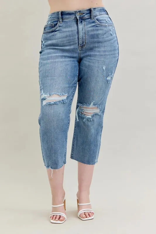 Full Size High Waist Destroy Crop Wide Leg Jeans Plus Size