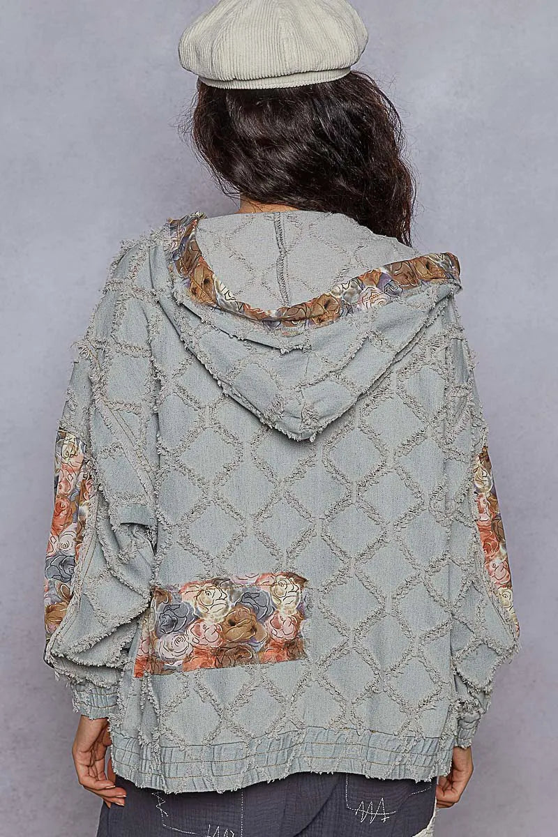 Floral Lace Patch Zip-Up Denim Jacket
