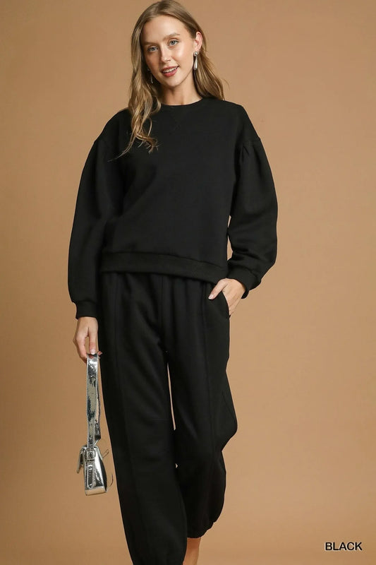 Pleated Detail Round Neck Pullover Sweatshirt