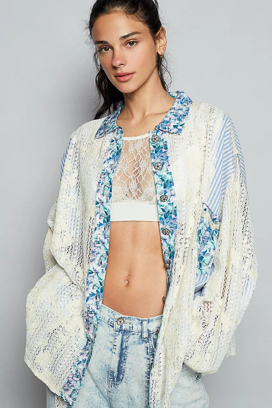 Oversized Blouse with Floral and Striped Sleeves