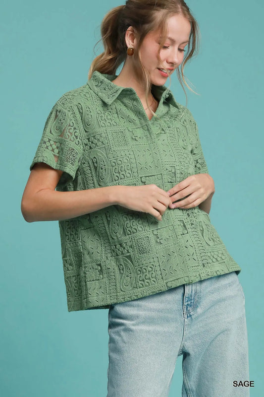Lace Patch Short Sleeve Button-Up Shirt