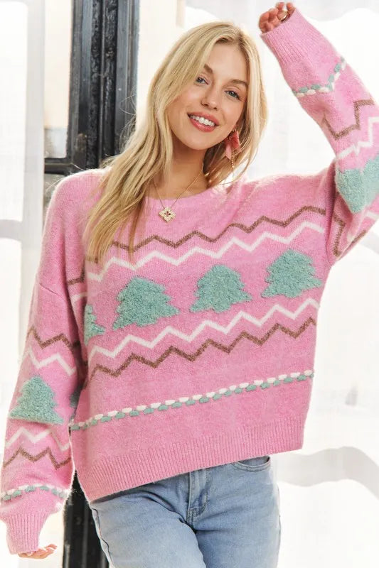 Full Size Fluffy Tree Sweater Top