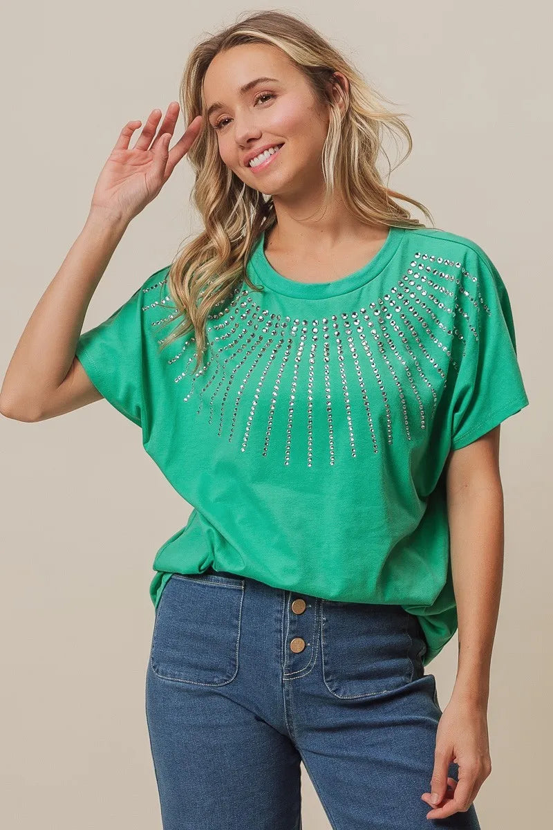 Rhinestone Beaded Short Sleeve Top