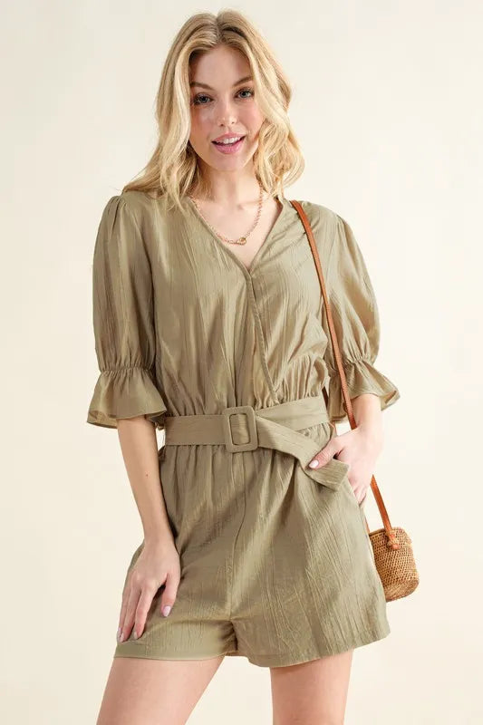 Flounce Sleeves Romper with Belt