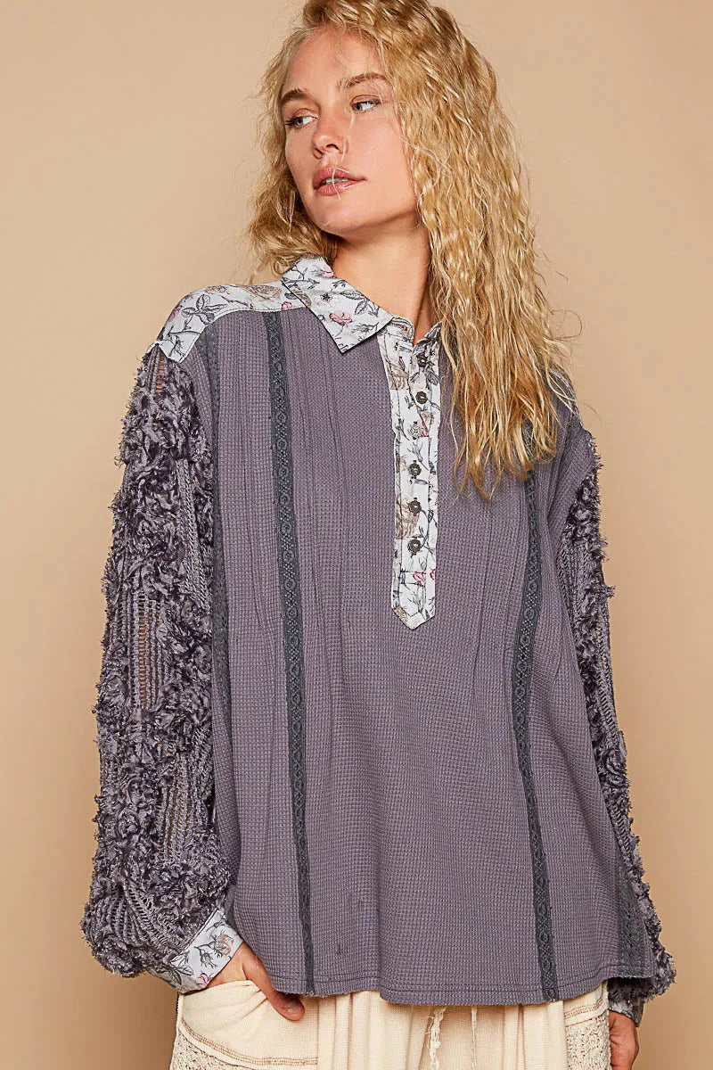 Romantic Lace Accent Floral Buttoned Long Sleeve Blouse