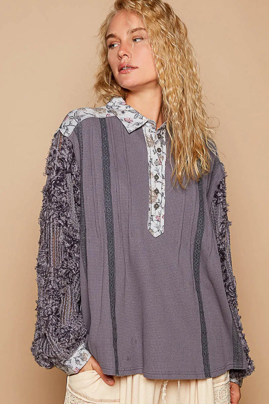 Romantic Lace Accent Floral Buttoned Long Sleeve Blouse