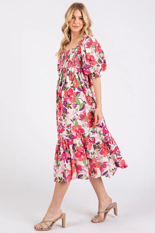Flower Print Puff Sleeve Ruffle Smocked Midi Dress