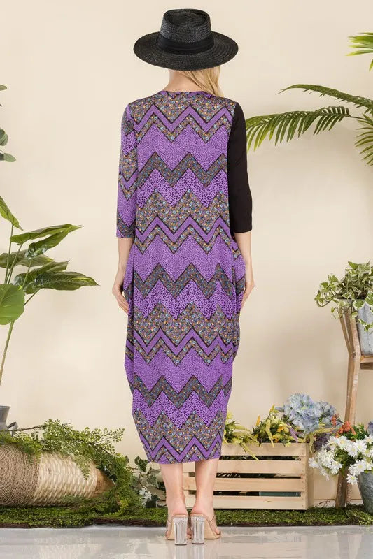 Full Size Geo Print Paneled Dress with Buttons Plus Size