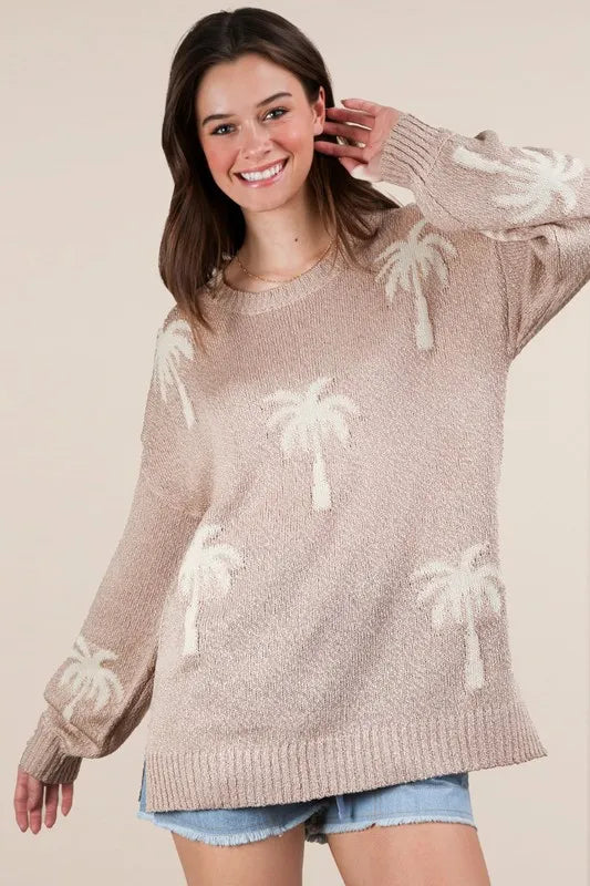 Palm Tree Graphic Oversized Knit Sweater