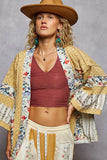 Patchwork Open Front Cardigan with Floral Accent Trim