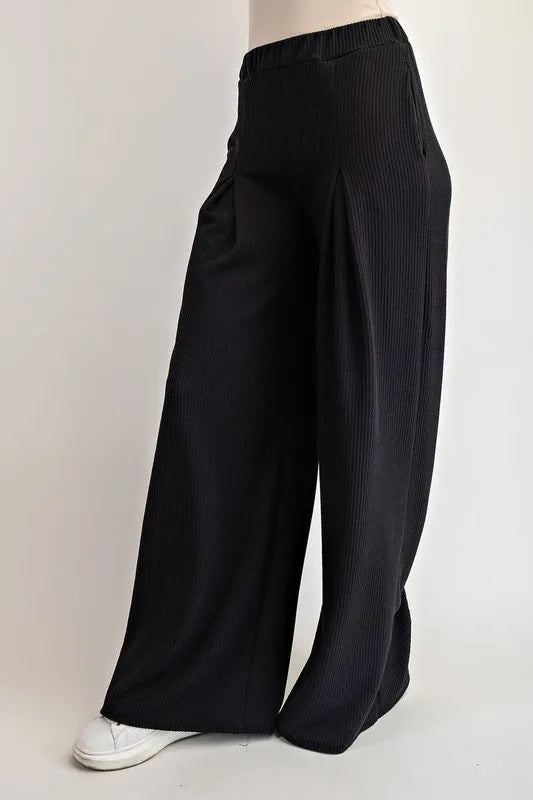 Full Size Ribbed Wide-Leg Pants with Pockets Plus Size