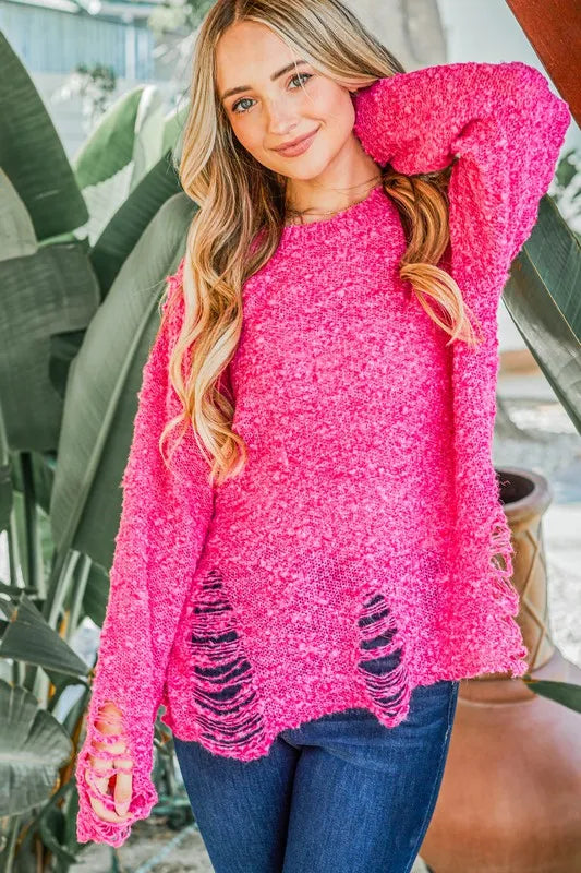 Distressed And Textured Pullover Sweater