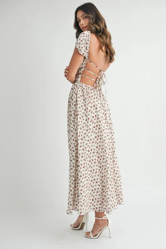 Floral Print Puff Sleeve Gathered Midi Dress