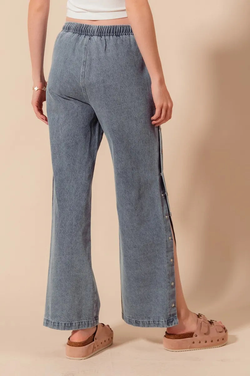 Mid-Rise Drawstring Denim with Snap Side Buttons