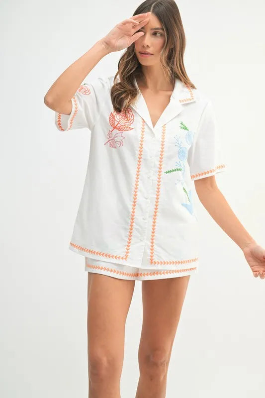 Embroidered Button Down Shirt and Shorts Set