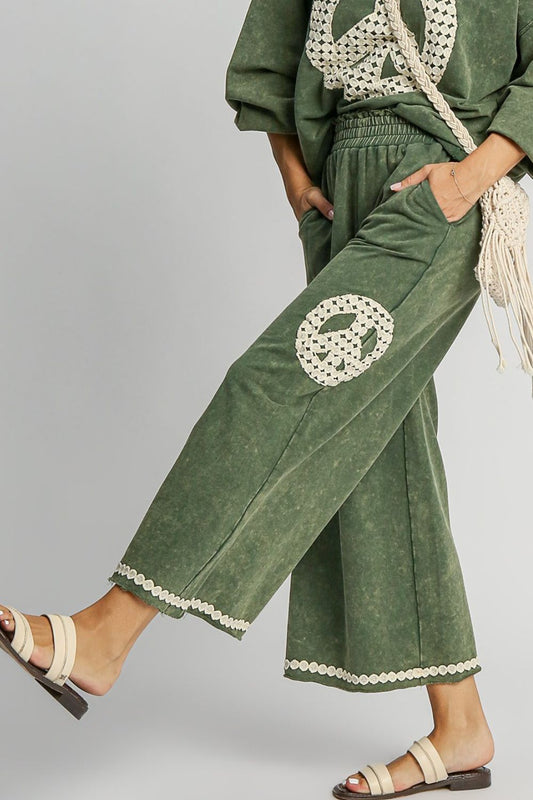 Full Size Peace Lace Applique Mineral Wash Wide Leg Pants Plus Size