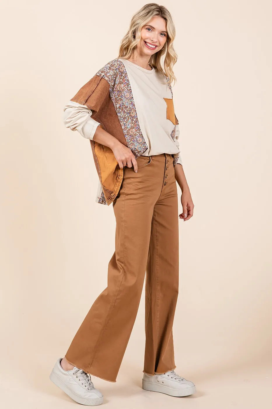 Twill High Waisted Button Fly Wide Leg Pants