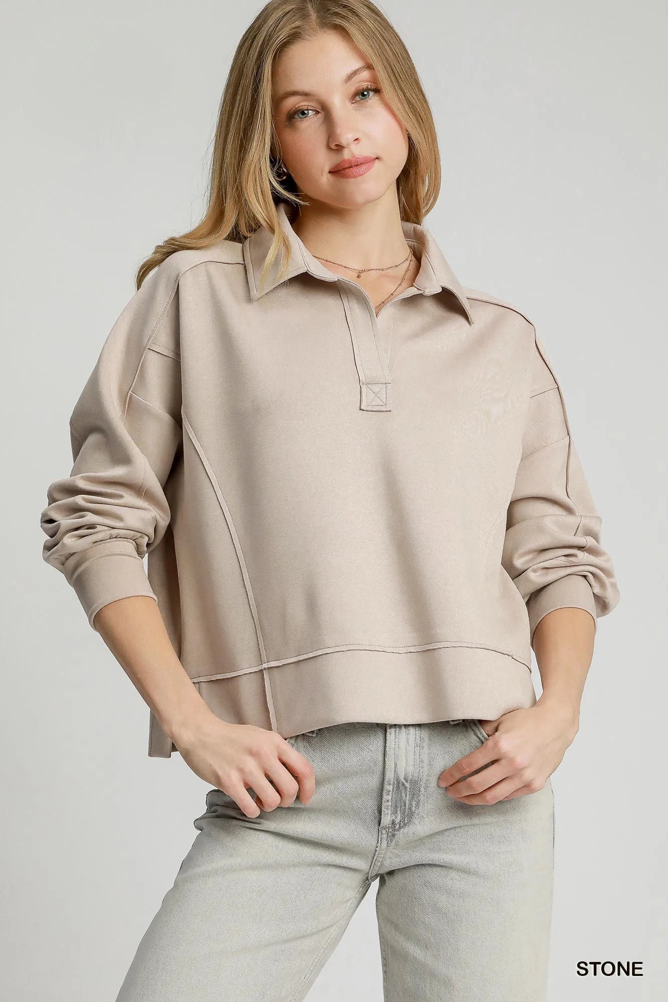 Modern Seam Long Sleeve Polo Top with Sophisticated Slit