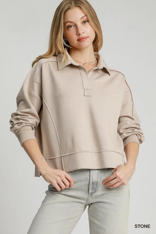 Modern Seam Long Sleeve Polo Top with Sophisticated Slit