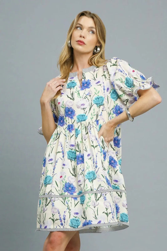 Botanical Charm A-Line Puff Sleeve Dress
