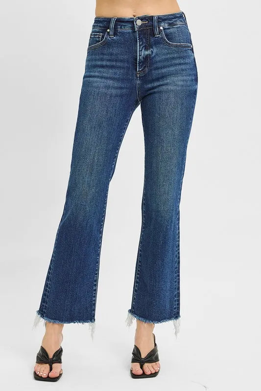 Tummy Control High Rise Crop Straight Raw Cut Hem Jeans