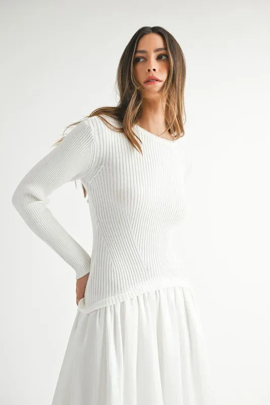 Ribbed Poplin Mix Midi Sweater Dress