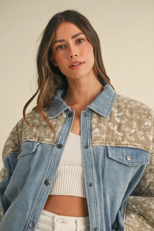 Quilted Paisley Print Contrast Denim Jacket