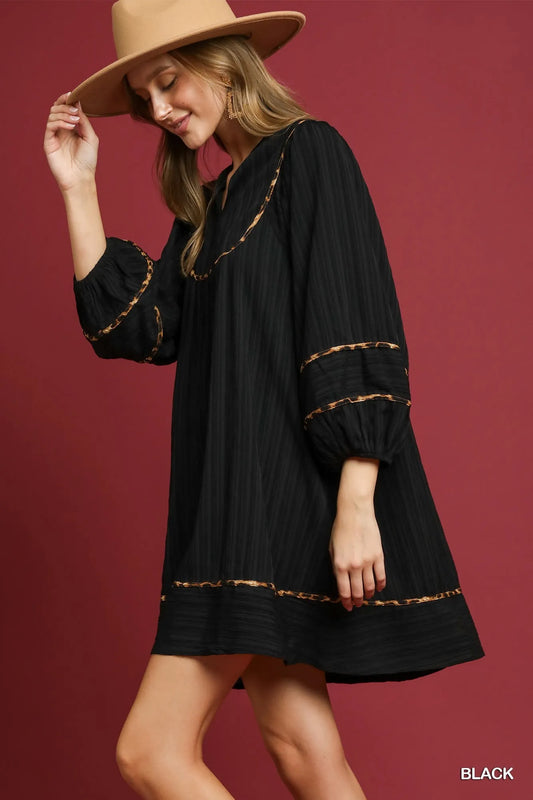 Textured Babydoll Dress with Leopard Accent