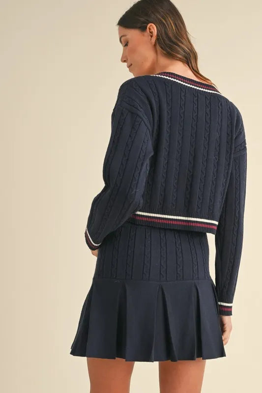 Cable-Knit Top and Pleated Skirt Sweater Set