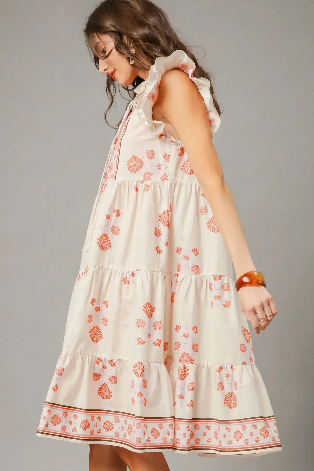 Bohemian Floral Tie Neck Flutter Sleeve Midi Dress